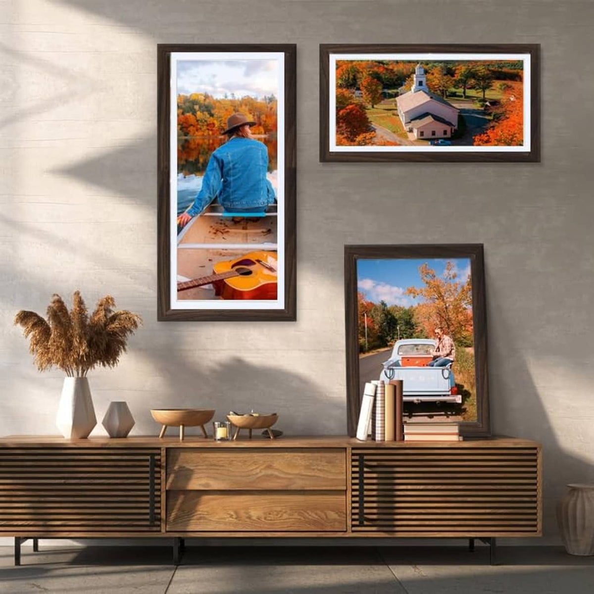 Set of dark wood picture frames with real glass, displaying landscape photos
