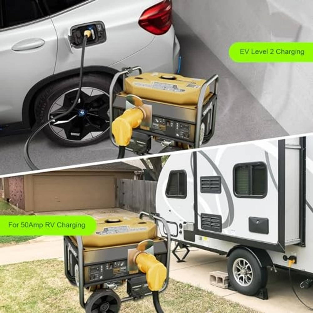 Yellow adapter plug connected to a generator power outlet, 4-prong male