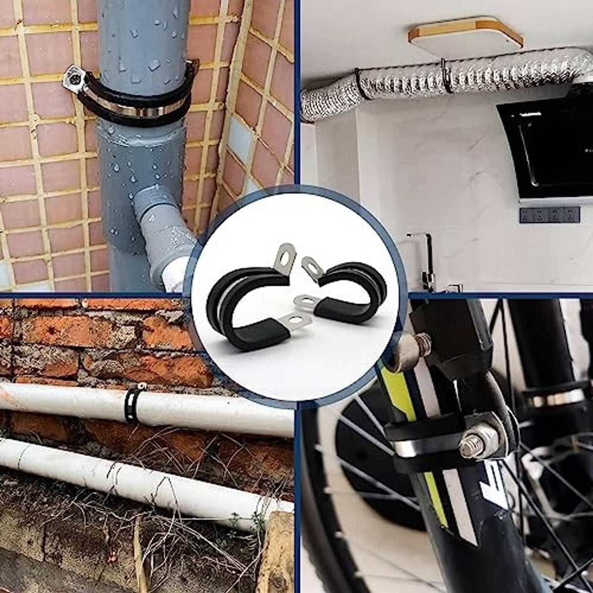 Cable clamp securing pipe or conduit with black rubber insert and stainless steel bracket
