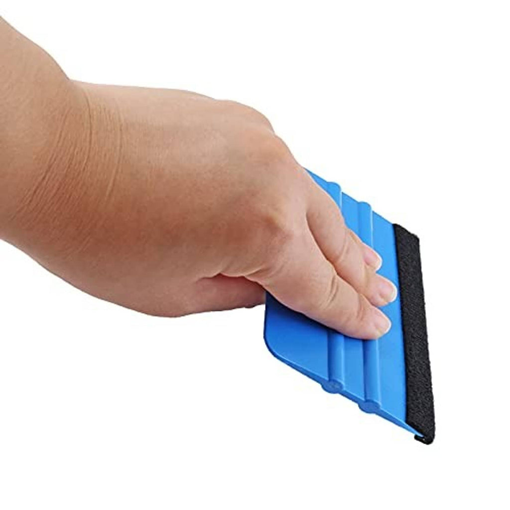 Hand holding blue felt-edge squeegee scraper with black felt pad