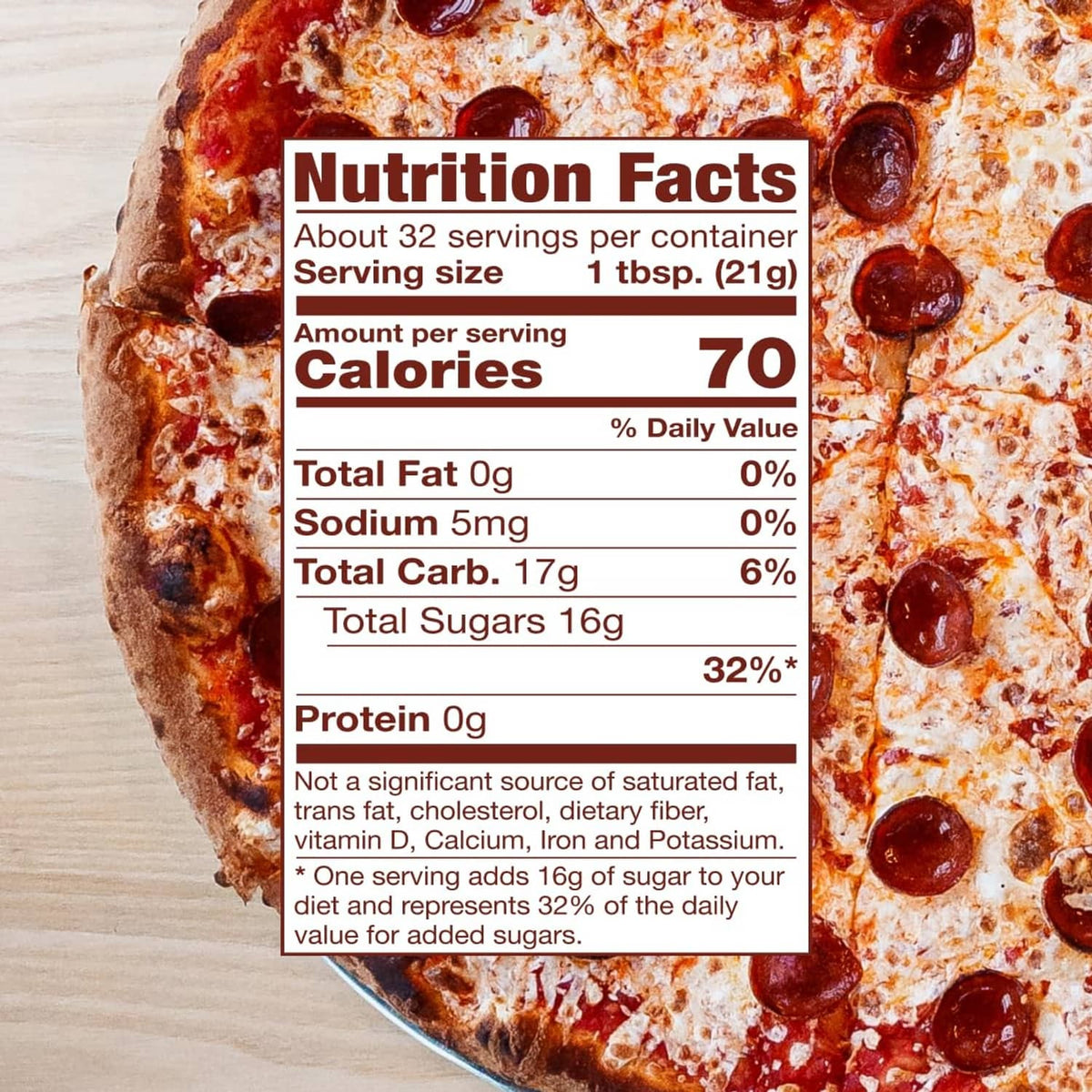 Nutrition Facts panel for hot honey condiment beside pizza
