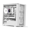 White mini tower PC case with open frame, mounted GPU, and front cooling fans