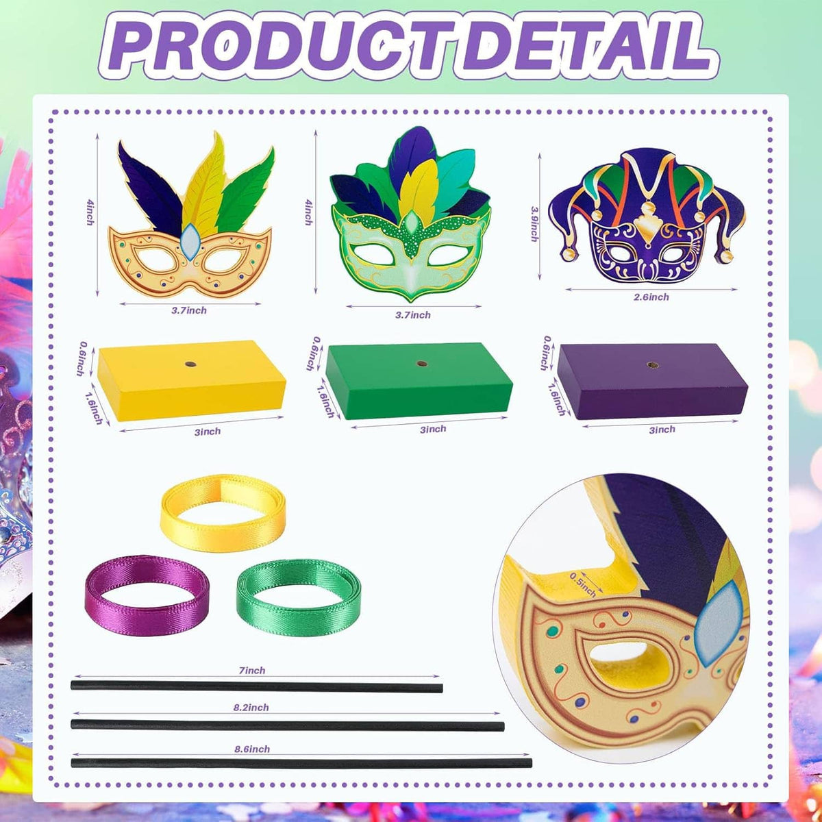 Mardi Gras centerpiece set detail view: mask cutouts, ribbon ties, and wooden bases
