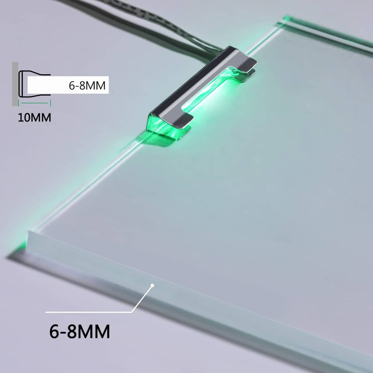 Green-lit LED bar module with slim 6–8 mm mounting gap for shelf edge