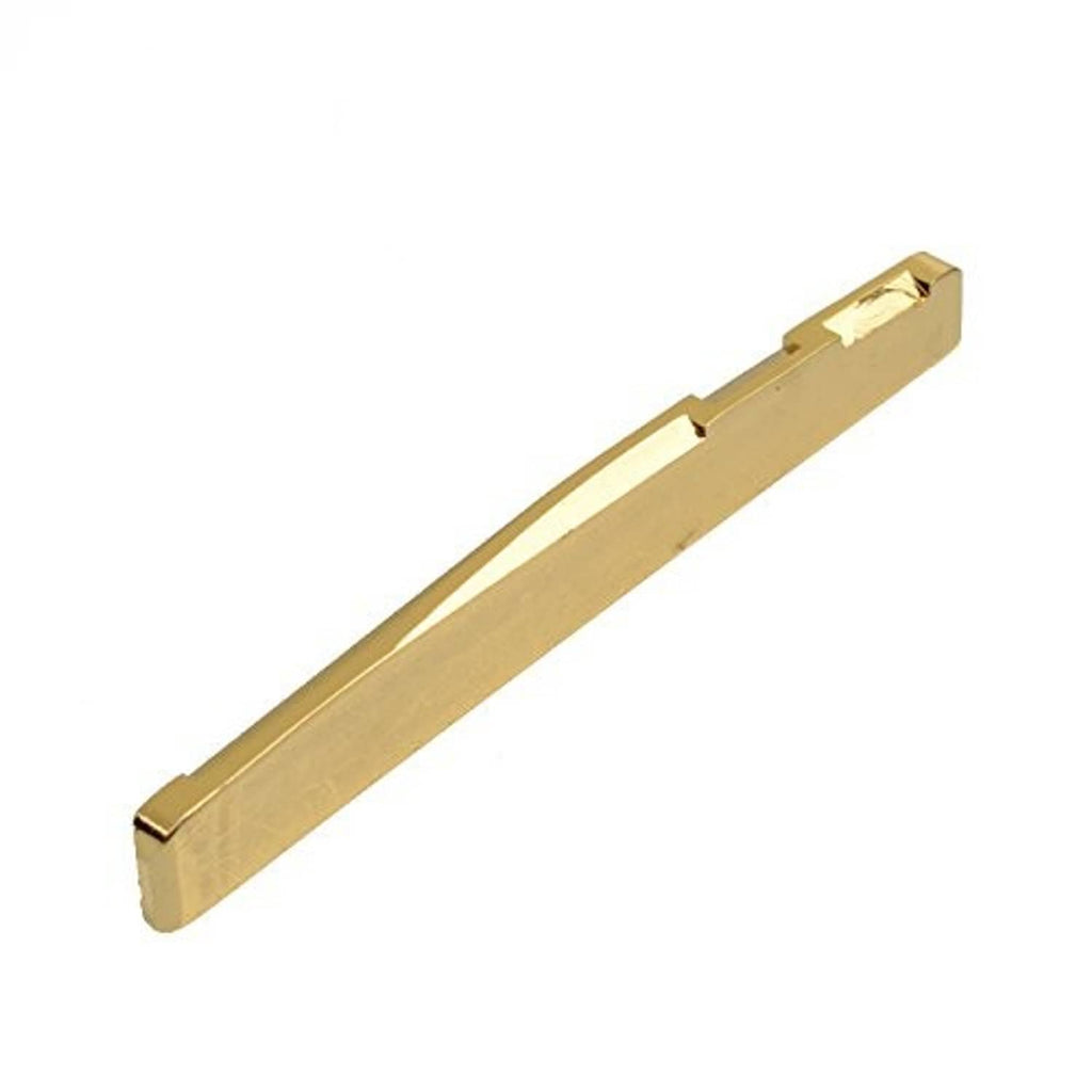 Gold-plated brass acoustic guitar nut piece, close-up angle view.