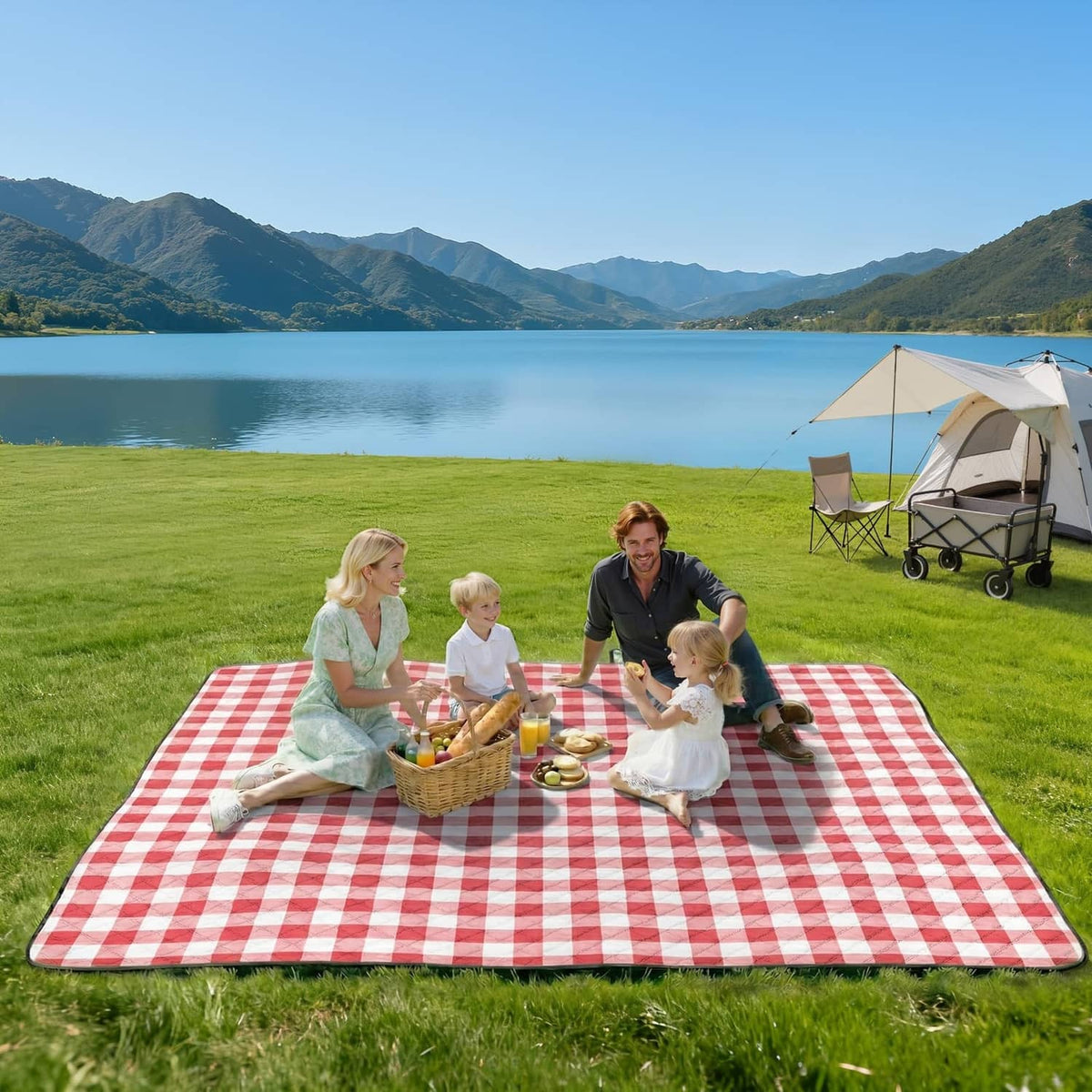 Red-and-white gingham picnic blanket laid flat on grass for family dining