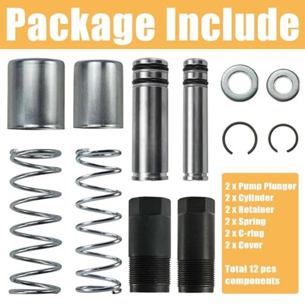 Replacement floor jack parts package with metal plungers, springs, and O-ring seals