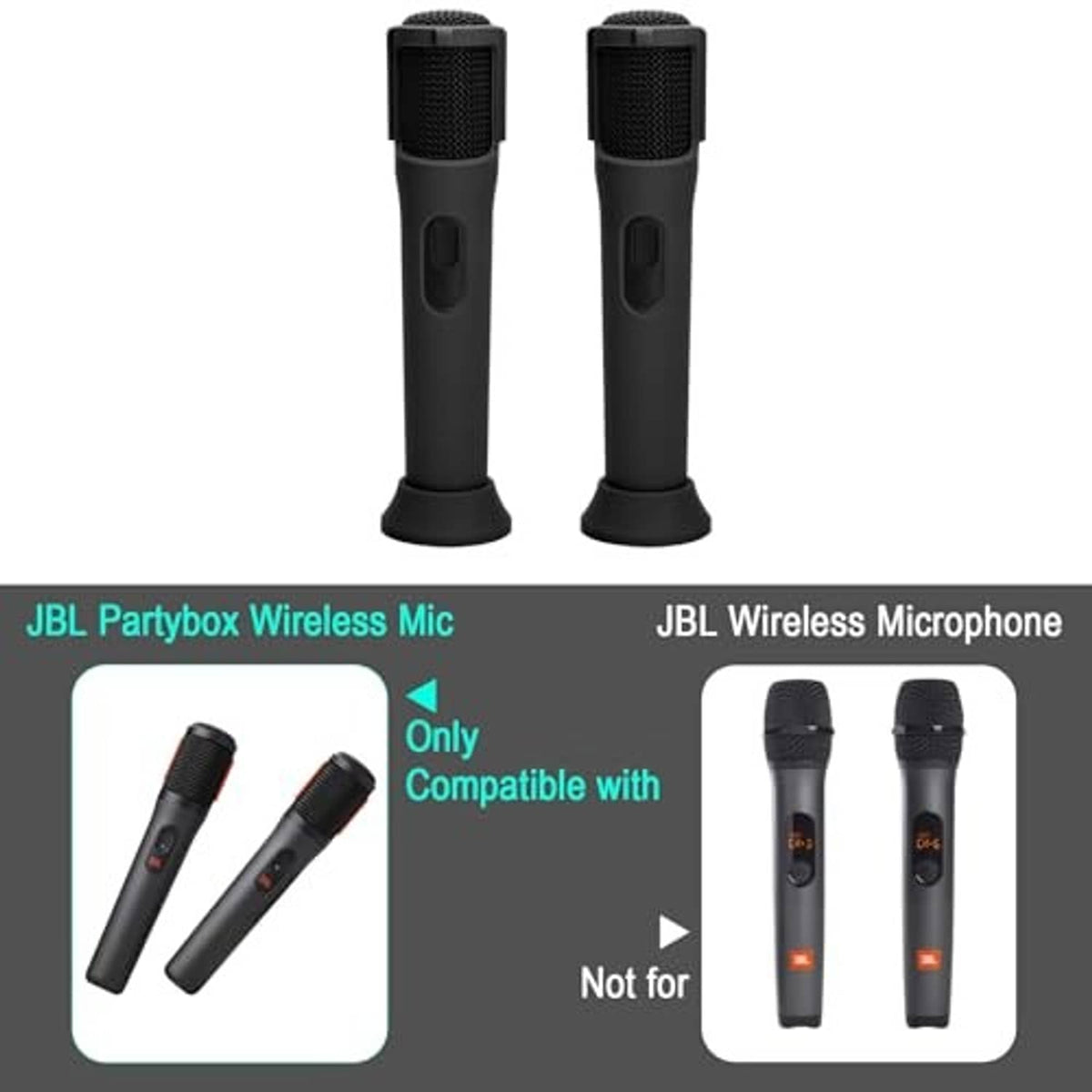 Two black silicone microphone cases with open speaker grille top and wide base
