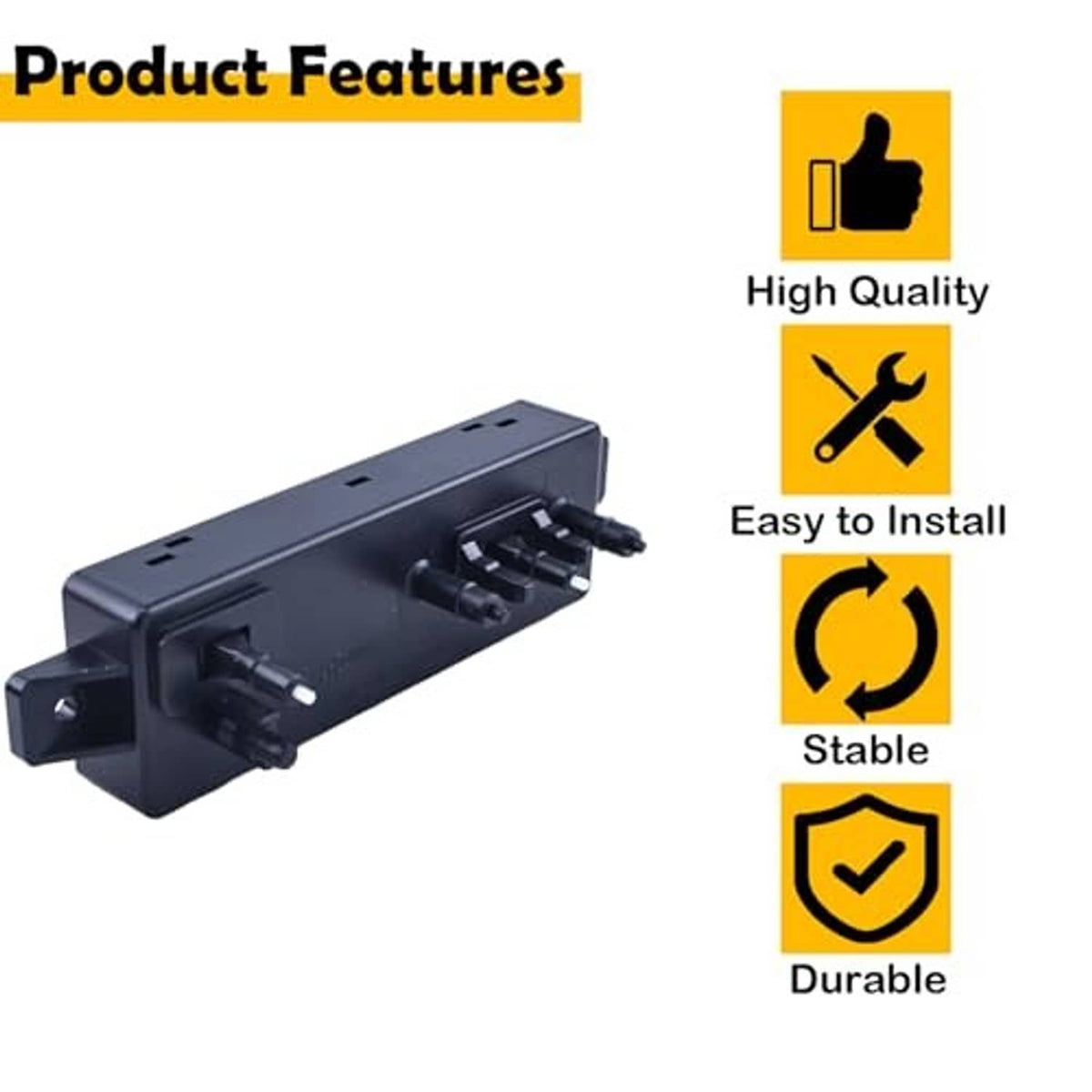 Seat switch control module in dark housing with mounting holes and white connector; icons