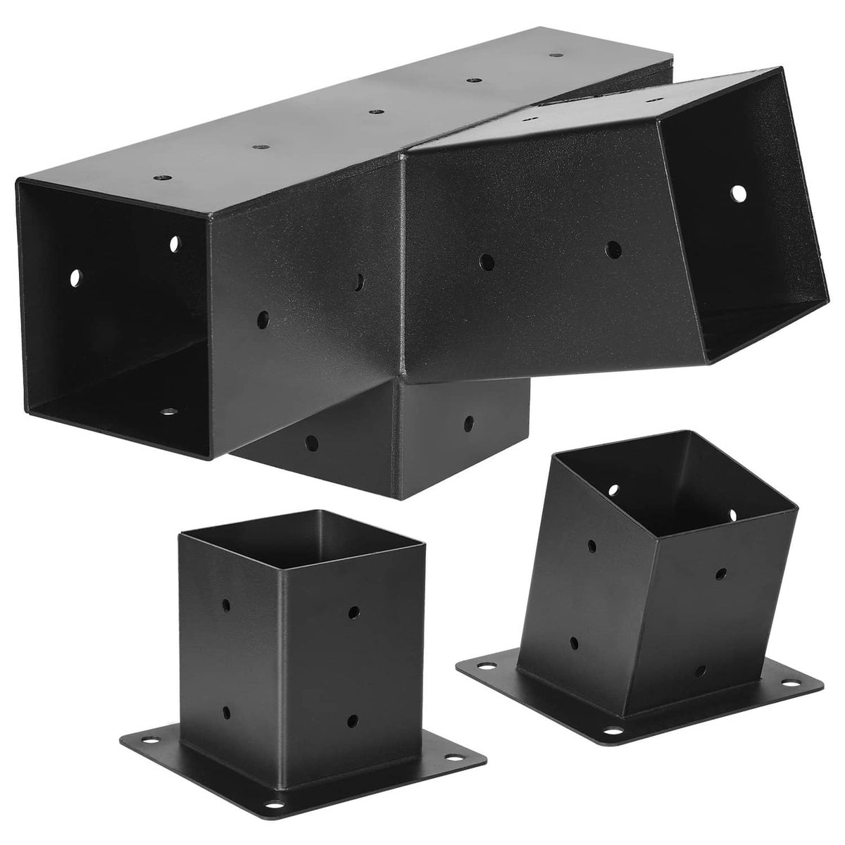 Black slanted four-way pergola bracket kit with two corner base pieces and mounting holes