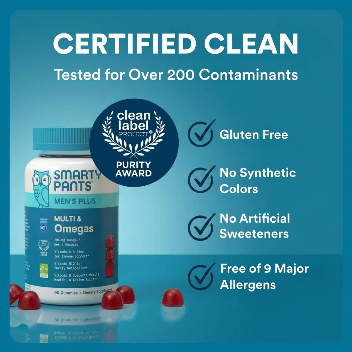 SmartyPants Men's Plus Multi & Omegas certified clean label bottle with blue cap