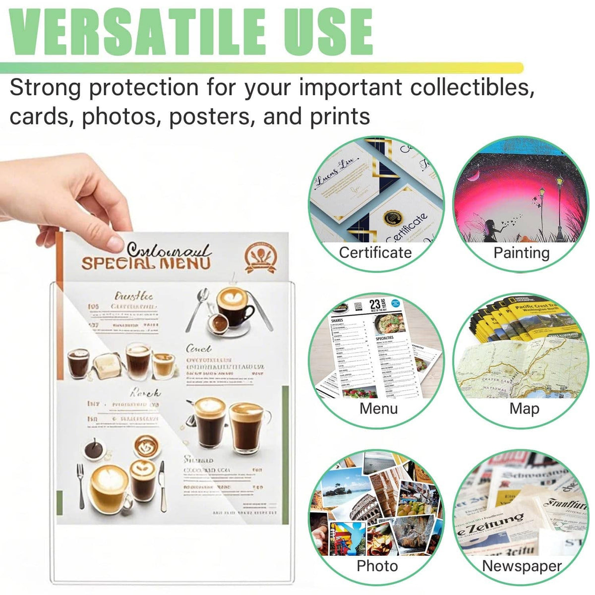 Clear rigid card sleeves for collectibles, certificates, menus, cards, photos, and posters
