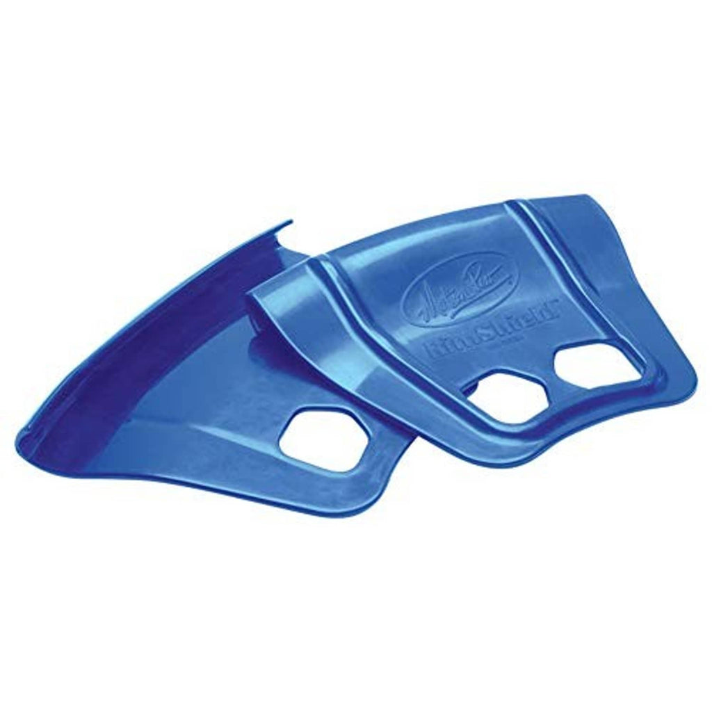 Blue rim shield tire and wheel tool with two curved guards, molded logo, cutout grips