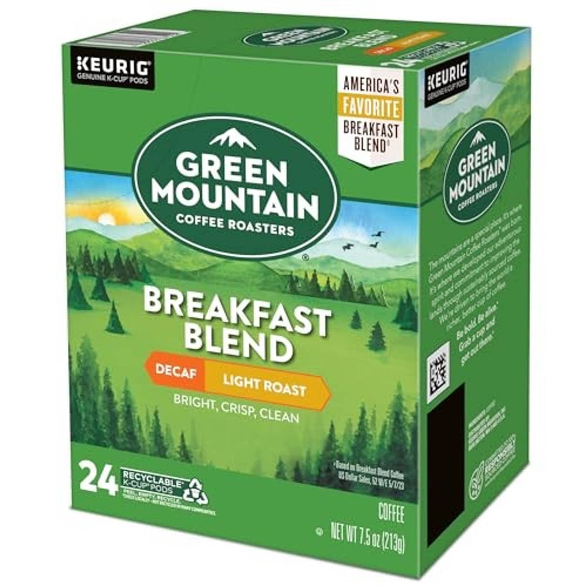 Green Mountain Coffee Roasters breakfast blend decaf Keurig pod box, light roast, 24