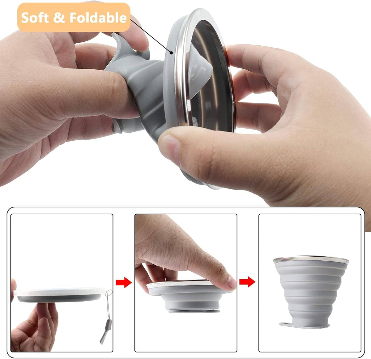 Collapsible silicone travel cup, hands showing fold and stack mechanism