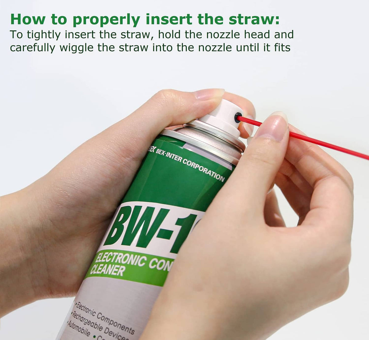 Hand holding BW-100 electronic contact cleaner aerosol can with red straw nozzle