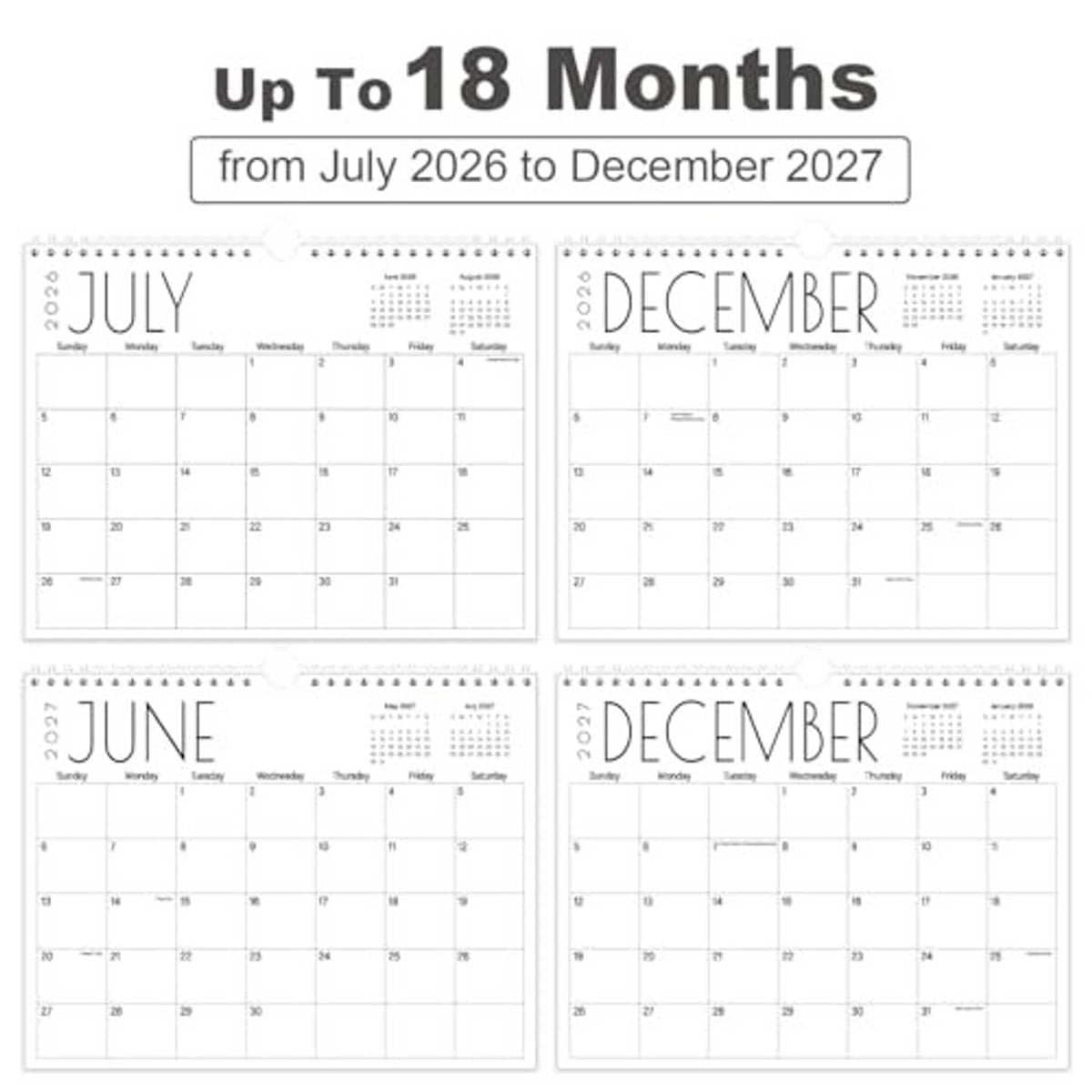 Wall calendar set showing months July to December with black month titles