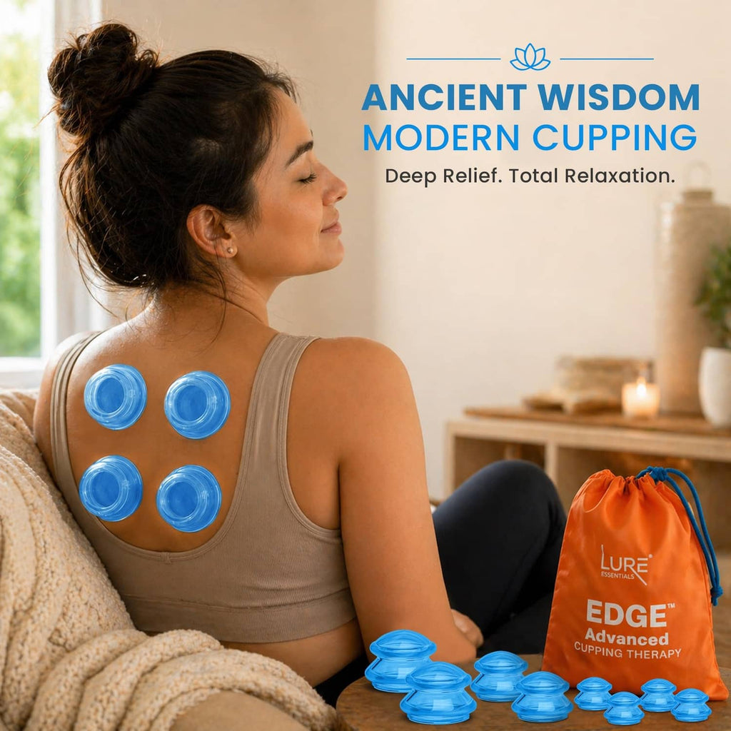 Blue silicone cupping cups on a person’s back with orange pouch and stacked cups