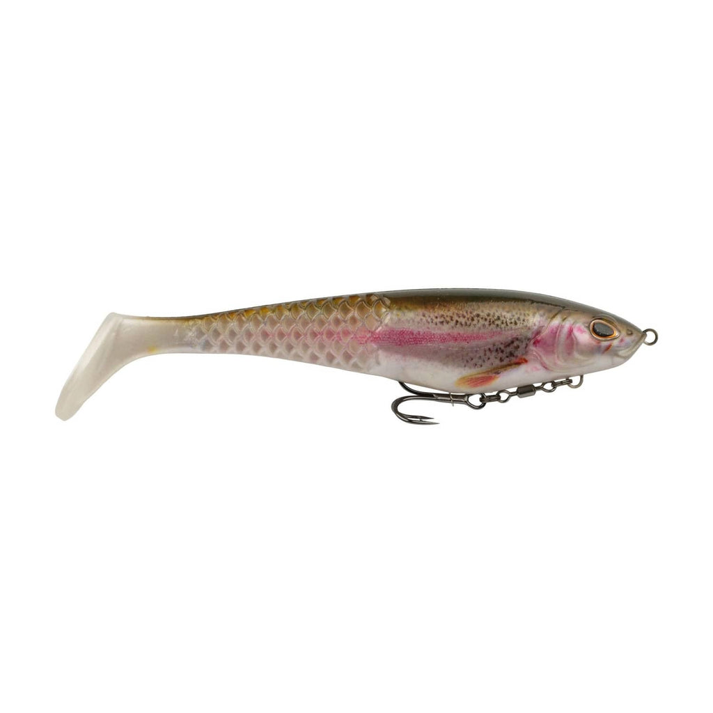 Rainbow trout soft plastic swim bait lure with lifelike scales and dual treble hooks