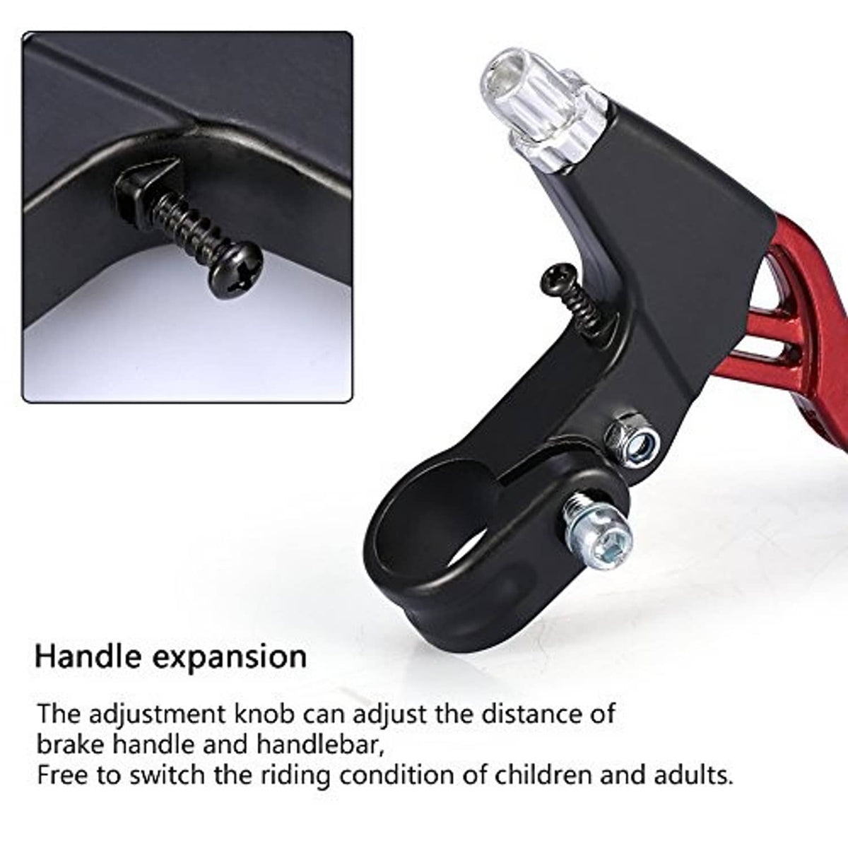 Bicycle V-brake lever with black handle grip and red adjustable lever arm