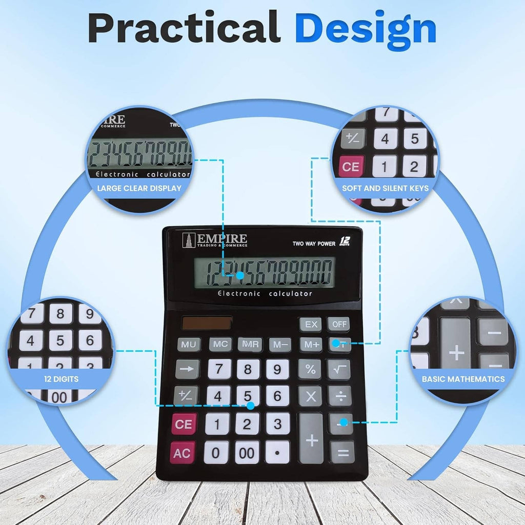 Electronic desk calculator with large LCD screen and numbered keys