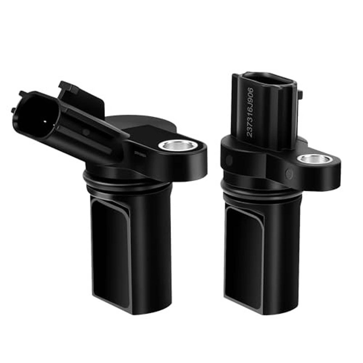 Pair of black camshaft position sensors shown side by side with metal mounting bases
