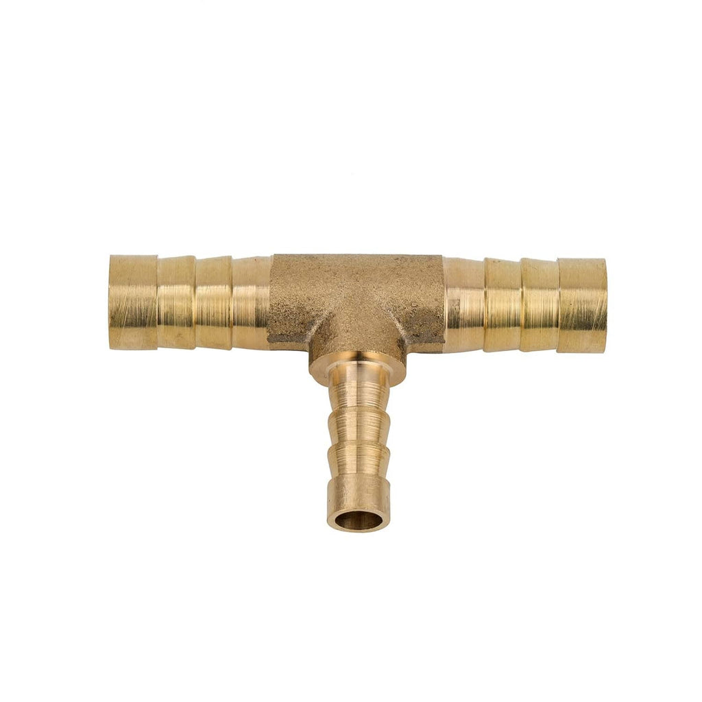 Brass reducing hose tee fitting with central branch and barbed hose ports, threaded ends