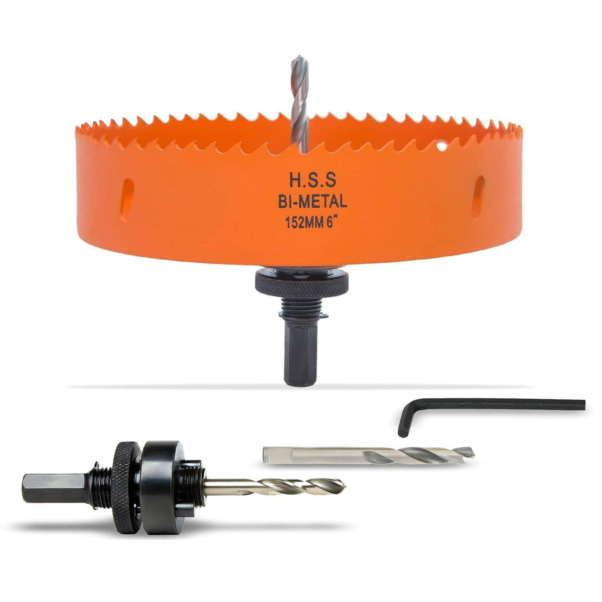 6-inch orange hole saw with arbor and drill bit, with hex key