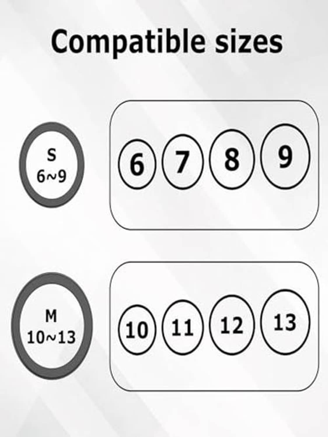 Silicone ring protector size guide showing S 6–9 and M 10–13