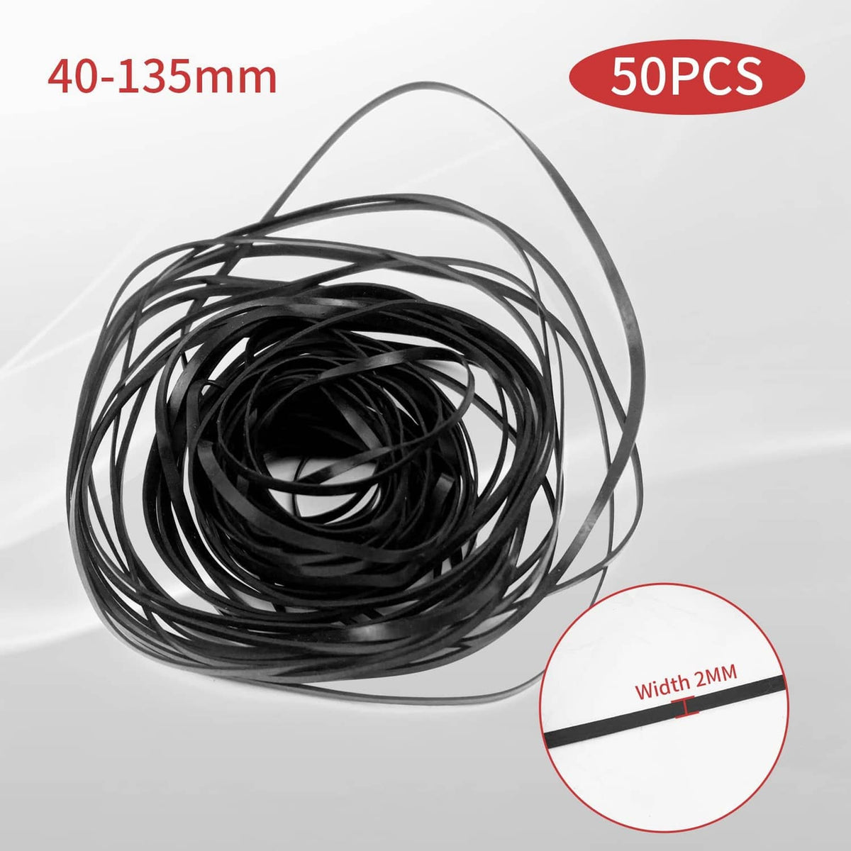 Coiled black rubber drive belts for cassette player maintenance, flat strips bundle.