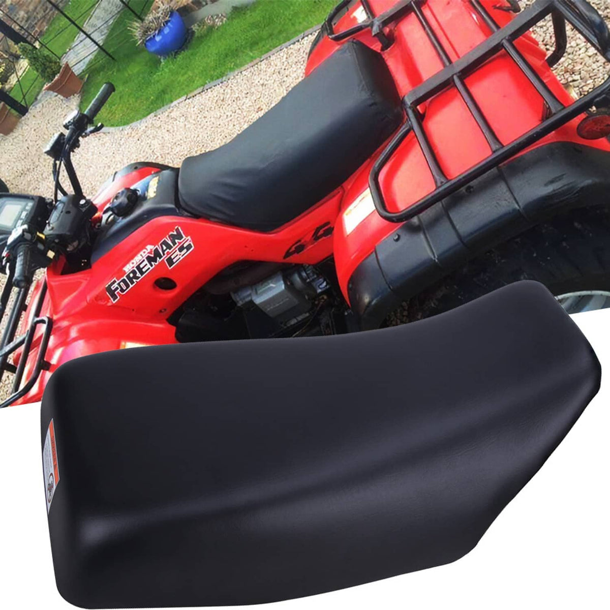 Black ATV seat panel with contoured padding and rear mounting hook