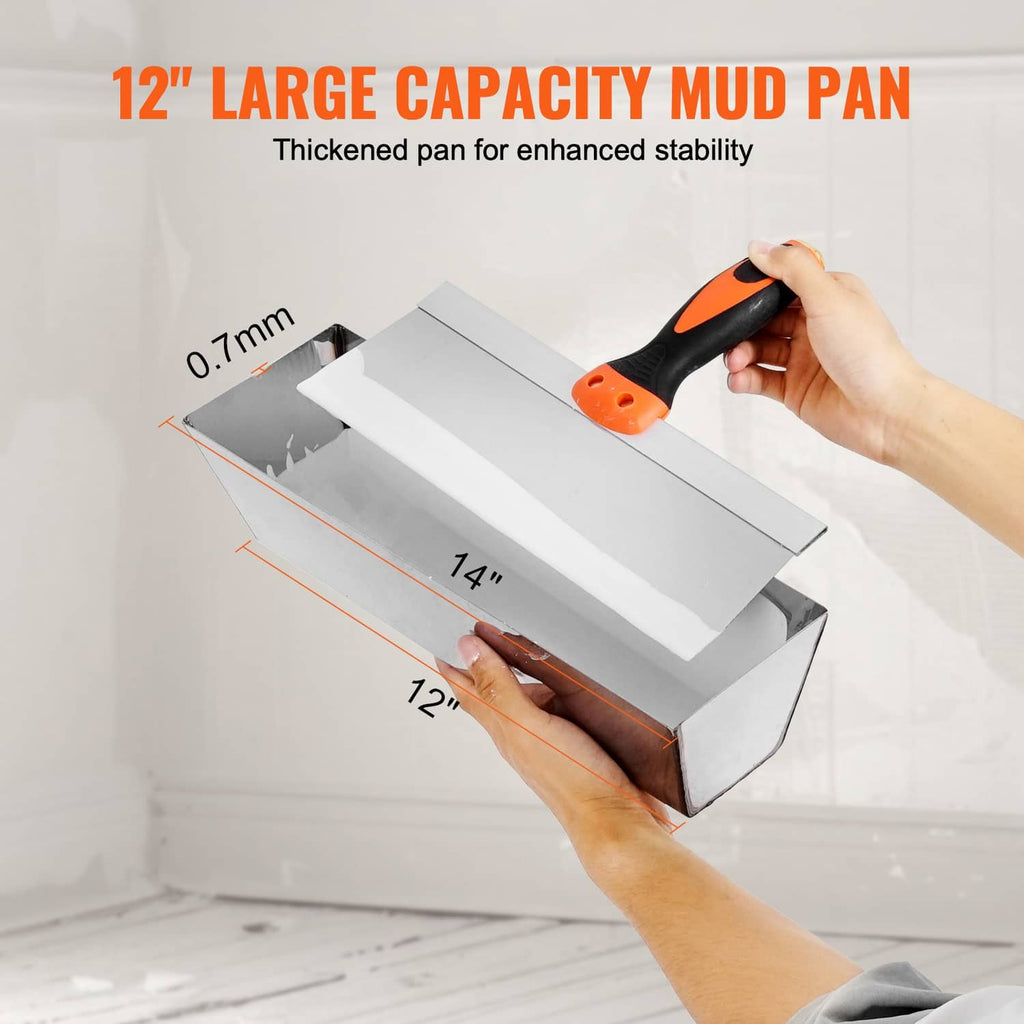 12-inch mud pan with stainless scraper edge and orange-black handle