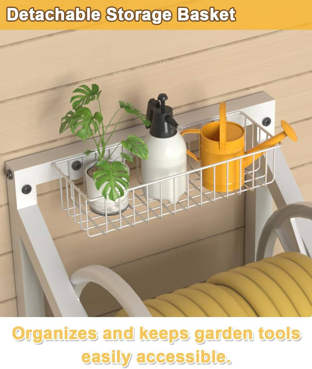 Wall-mounted triangle hose reel with wire storage basket holding garden tools