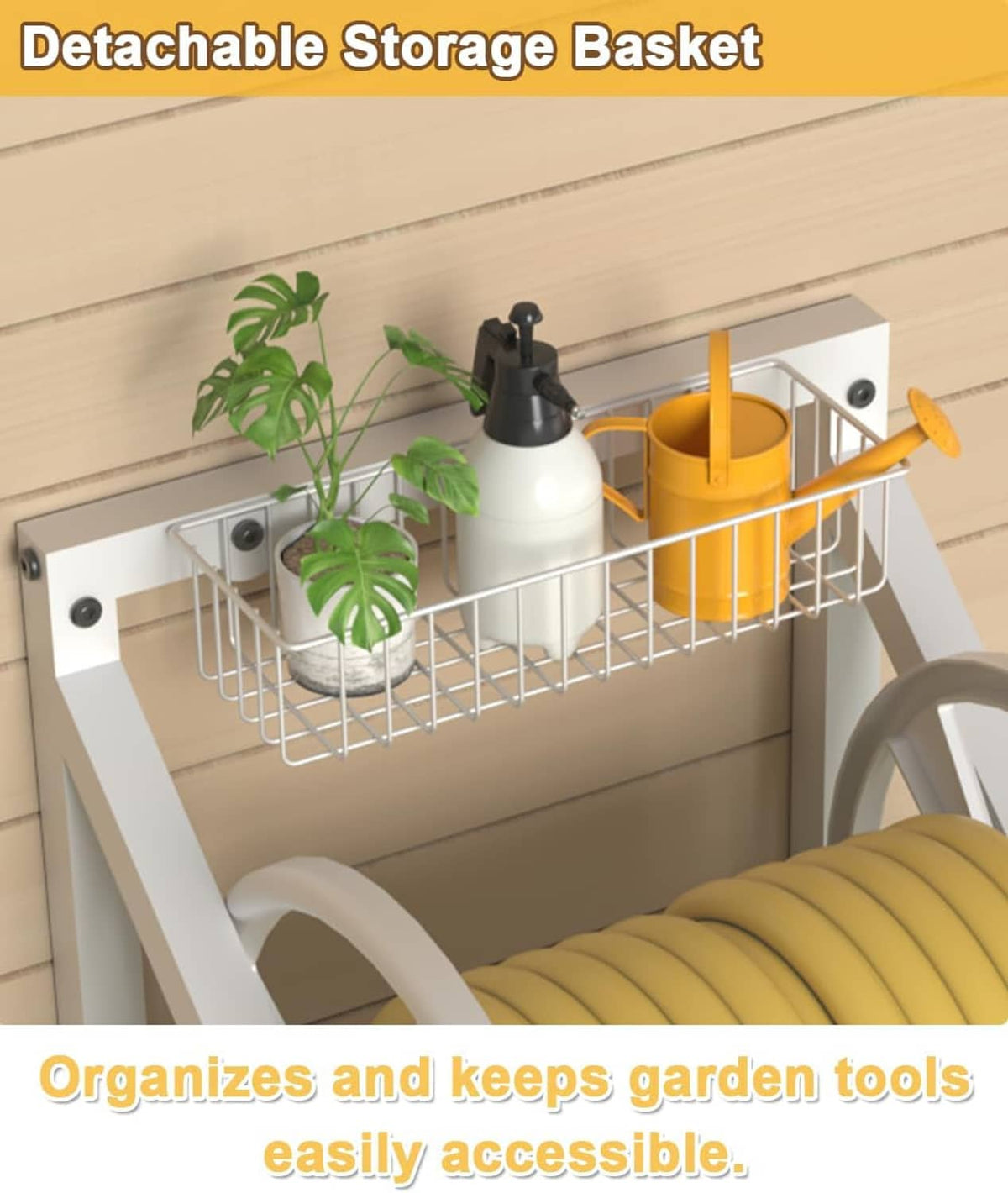 Wall-mounted triangle hose reel with wire storage basket holding garden tools