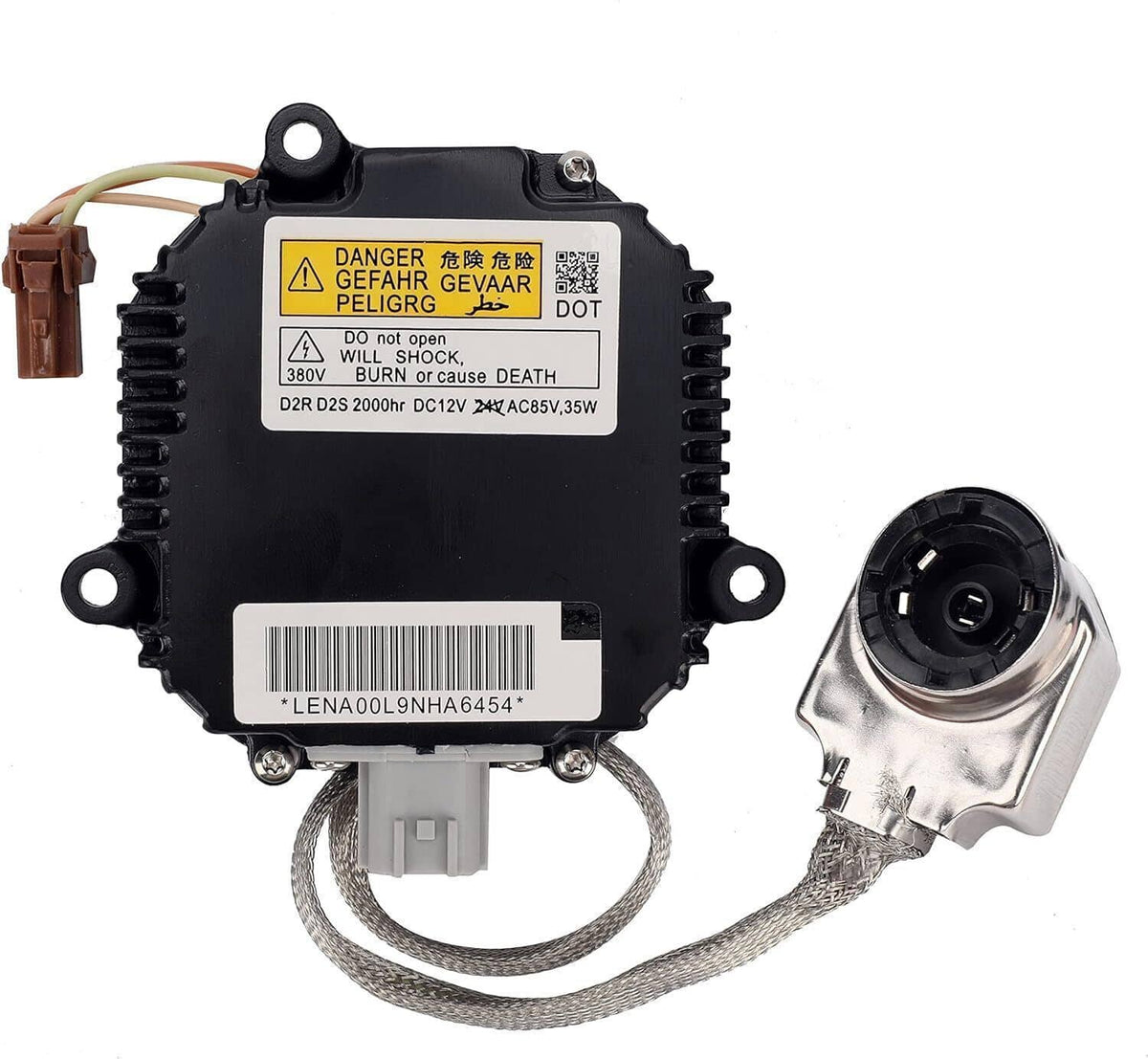 HID ballast control unit with warning label, socket igniter, and braided cable