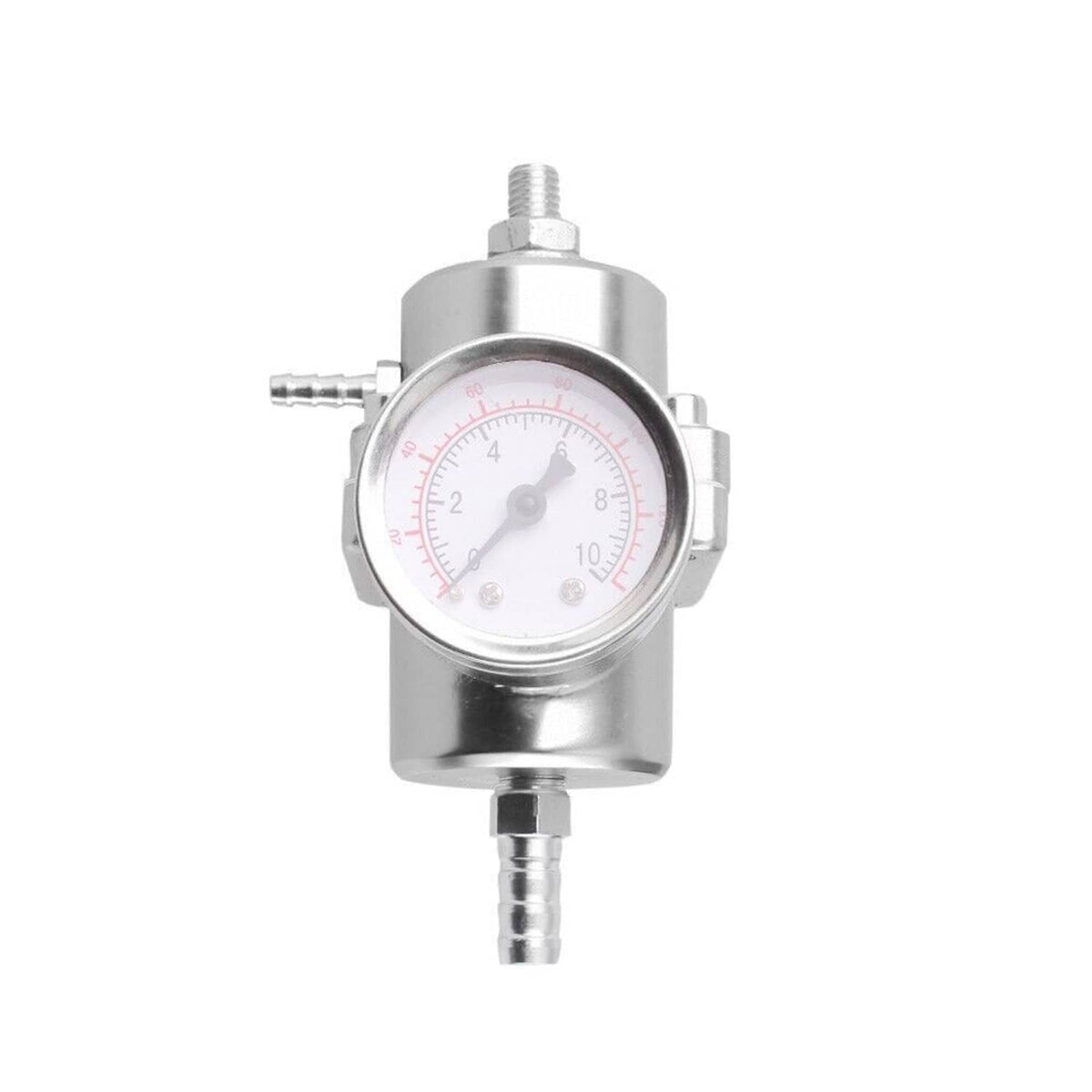 Round 0–140 psi gauge on a silver adjustable fuel pressure regulator body