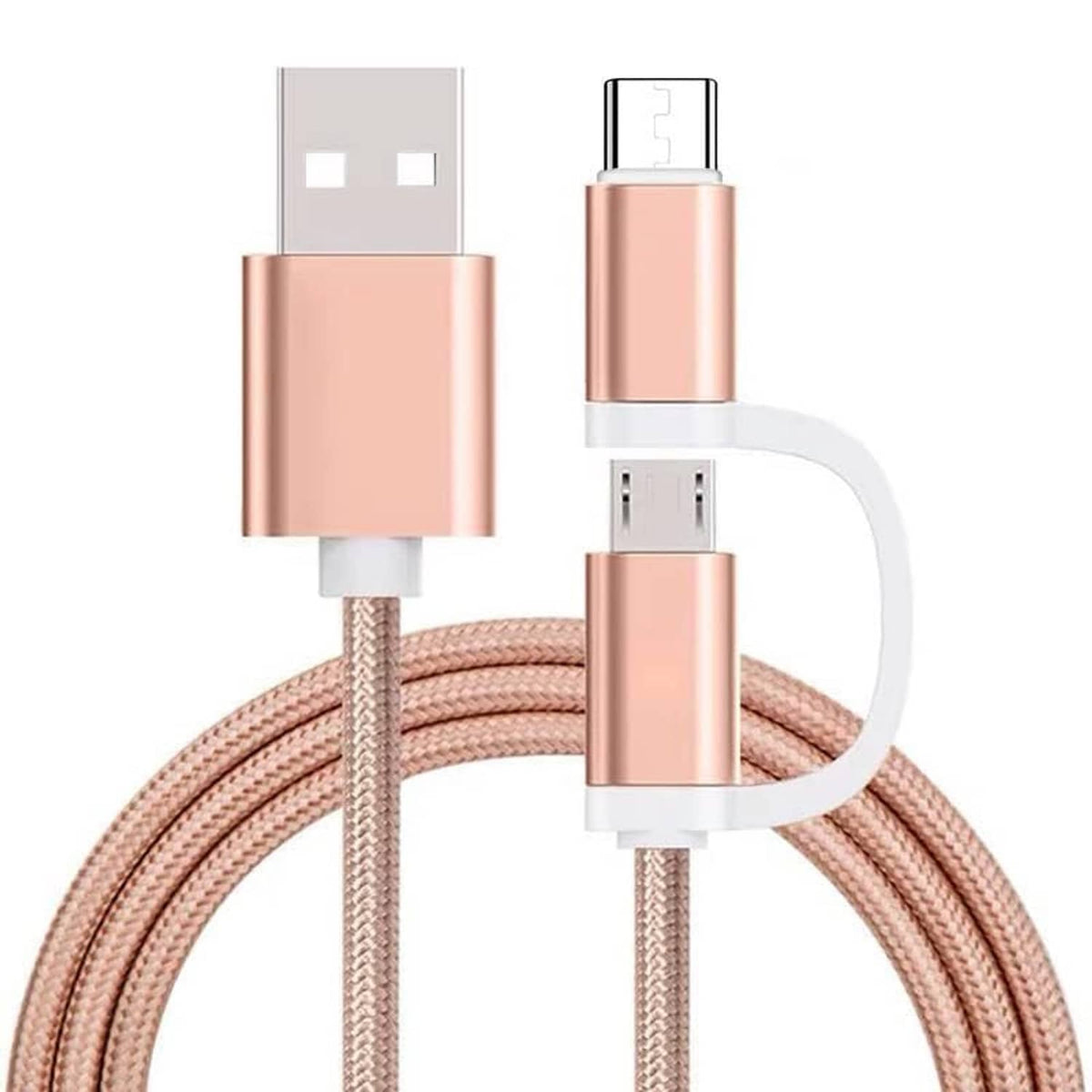 Rose-gold USB cable with braided cord and two connector heads, one end USB