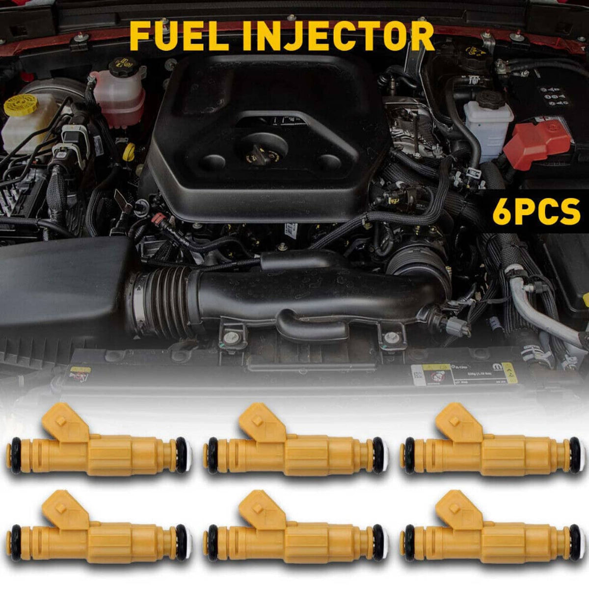 Six yellow fuel injectors with black seals laid out beneath an engine bay view