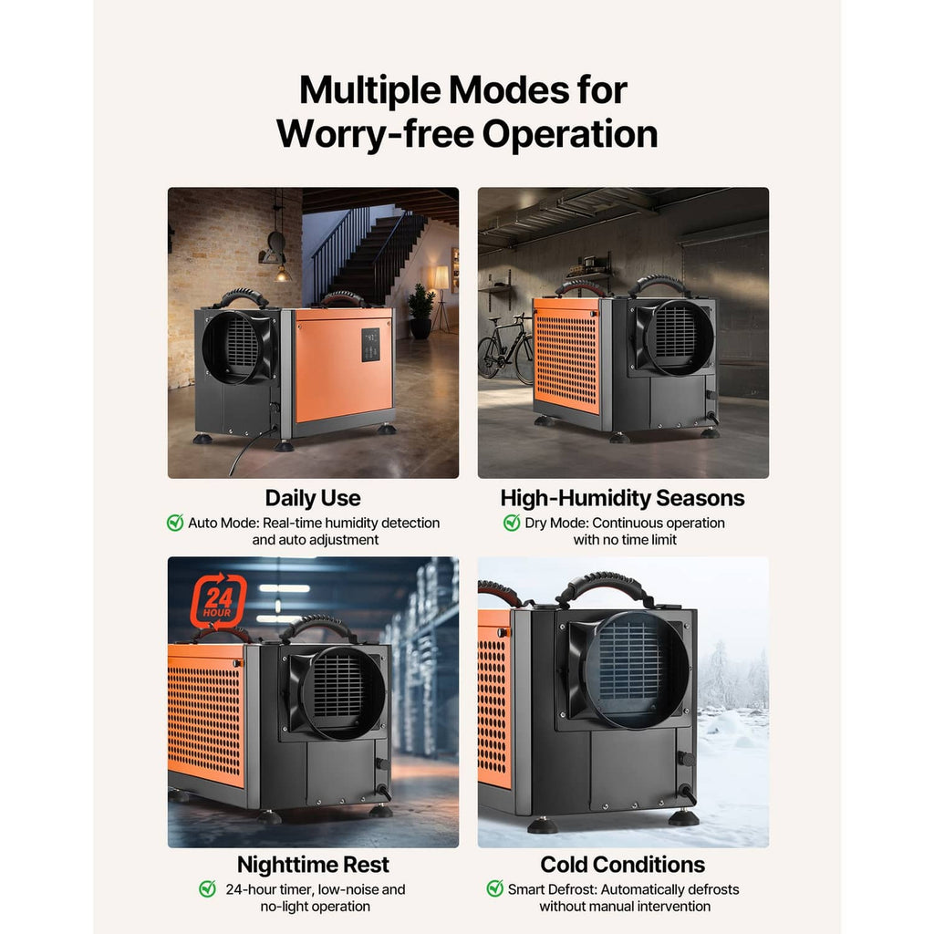 Commercial dehumidifier with orange front panel and black fan grille, shown in modes