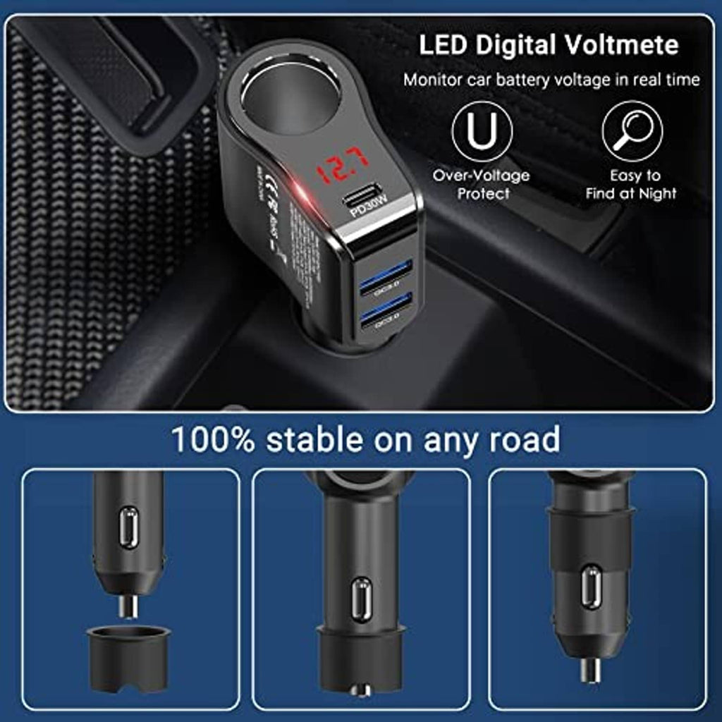 Black car charger splitter with LED digital voltmeter display, blue USB ports, cigarette plug