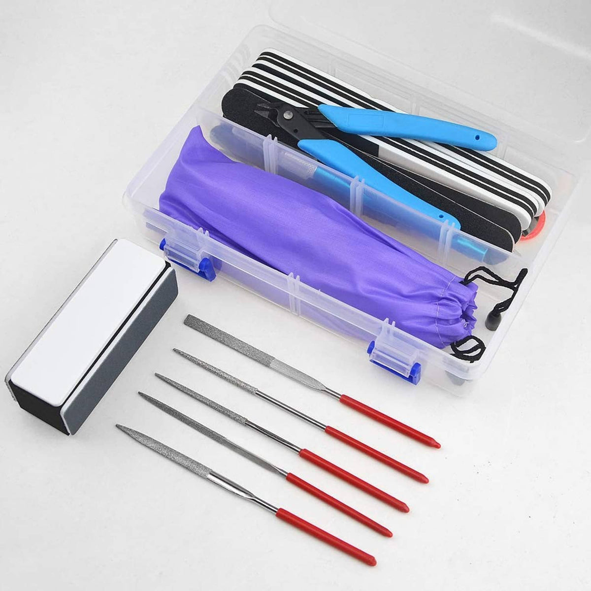 Precision craft tools set in a clear holder with blue handle and red-handled picks