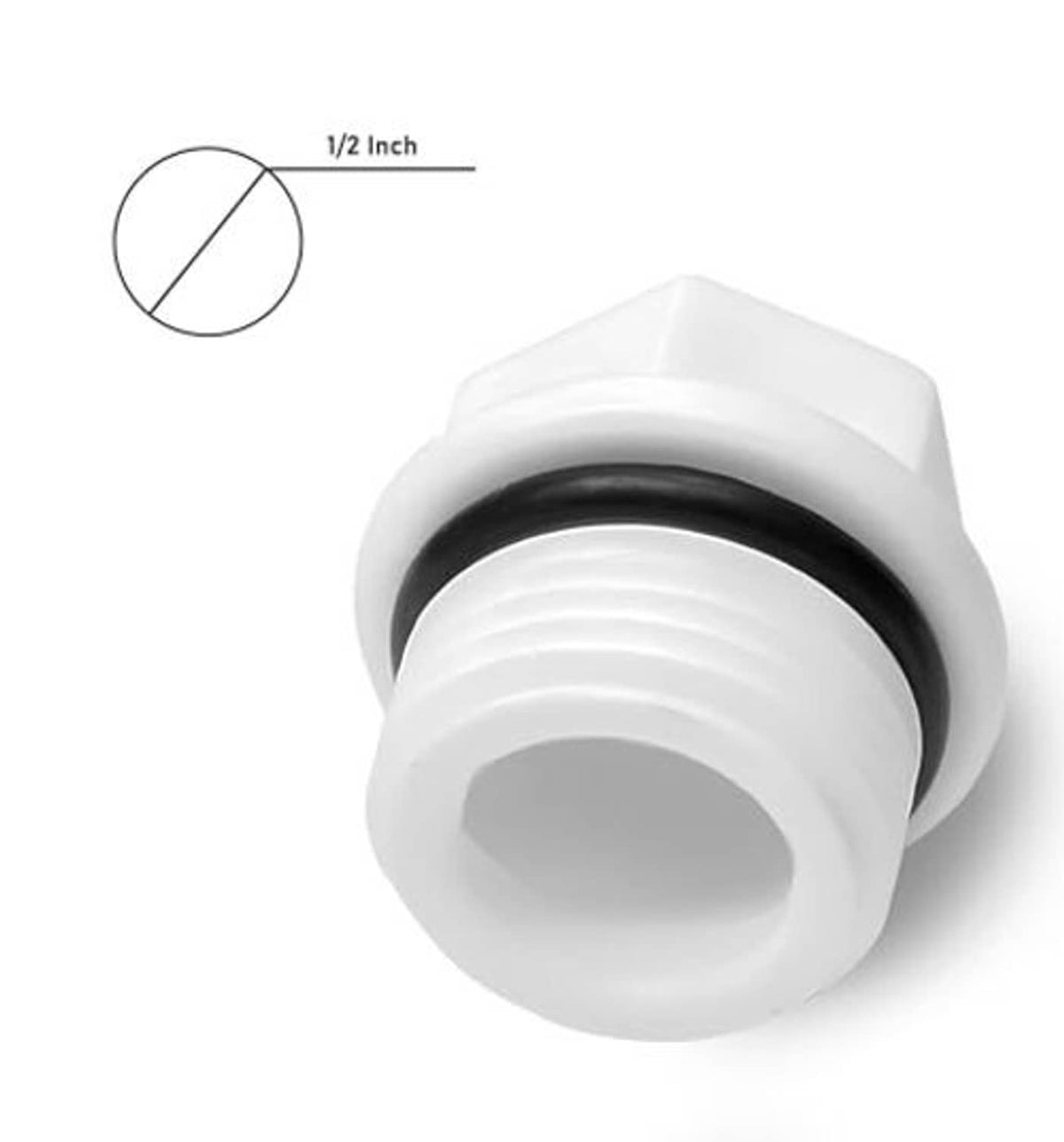 White PVC threaded pipe end cap with black ring and 1/2-inch size mark