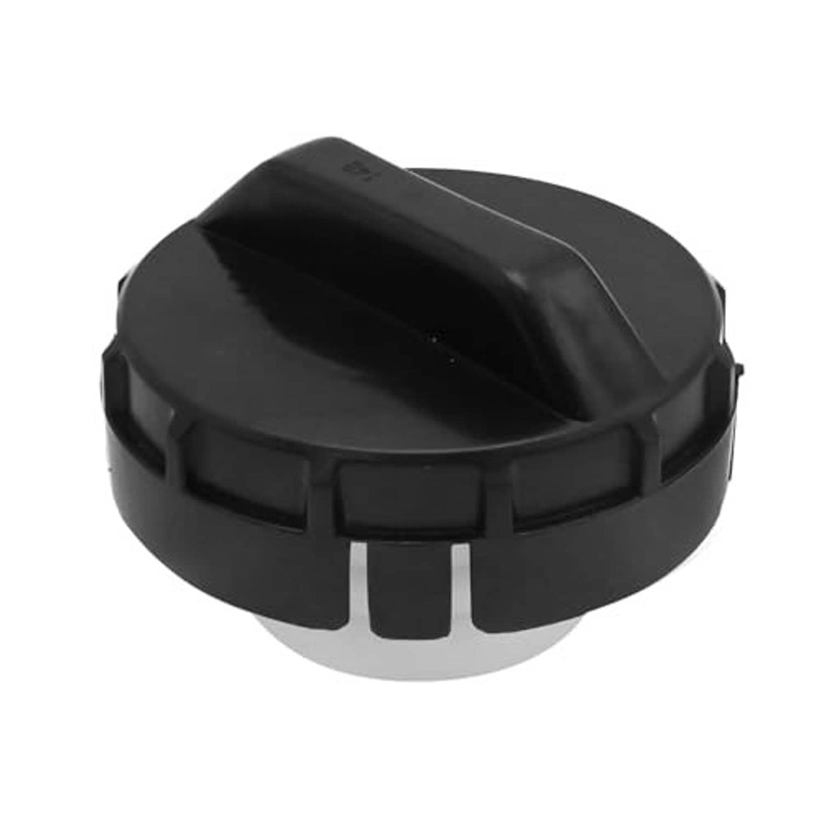 Black fuel tank cap replacement, top view with recessed seam and latch tabs