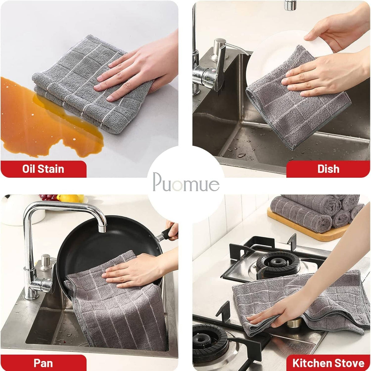 Grey microfiber dishcloths wiping cookware and sink, hands pressing textured fabric.