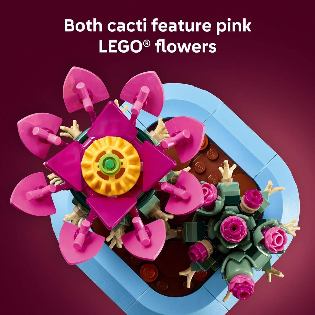 LEGO Botanicals cactus building set showing pink LEGO® flowers on the green cacti
