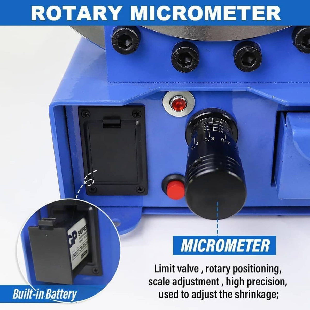 Hydraulic hose crimper control area with rotary micrometer scale and battery holder