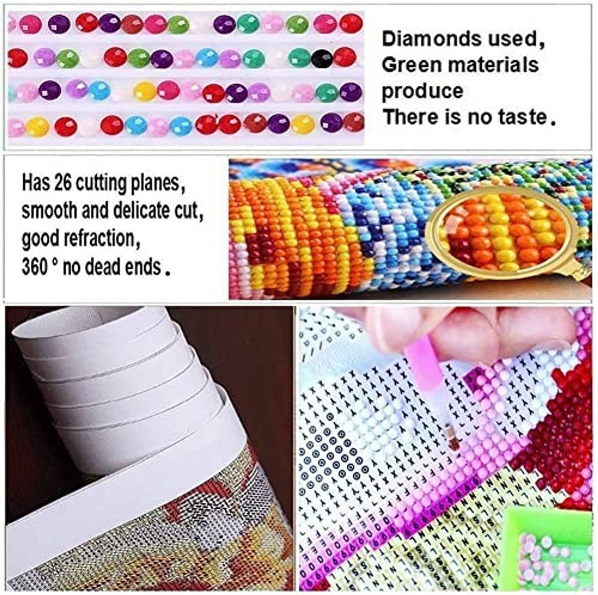 Assorted round colored diamonds in storage trays for 5D diamond painting kit