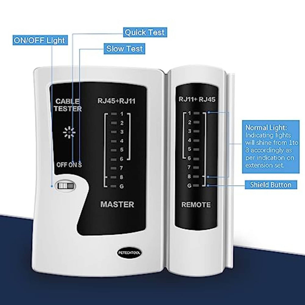 RJ45/RJ11 cable tester master unit and remote receiver side by side