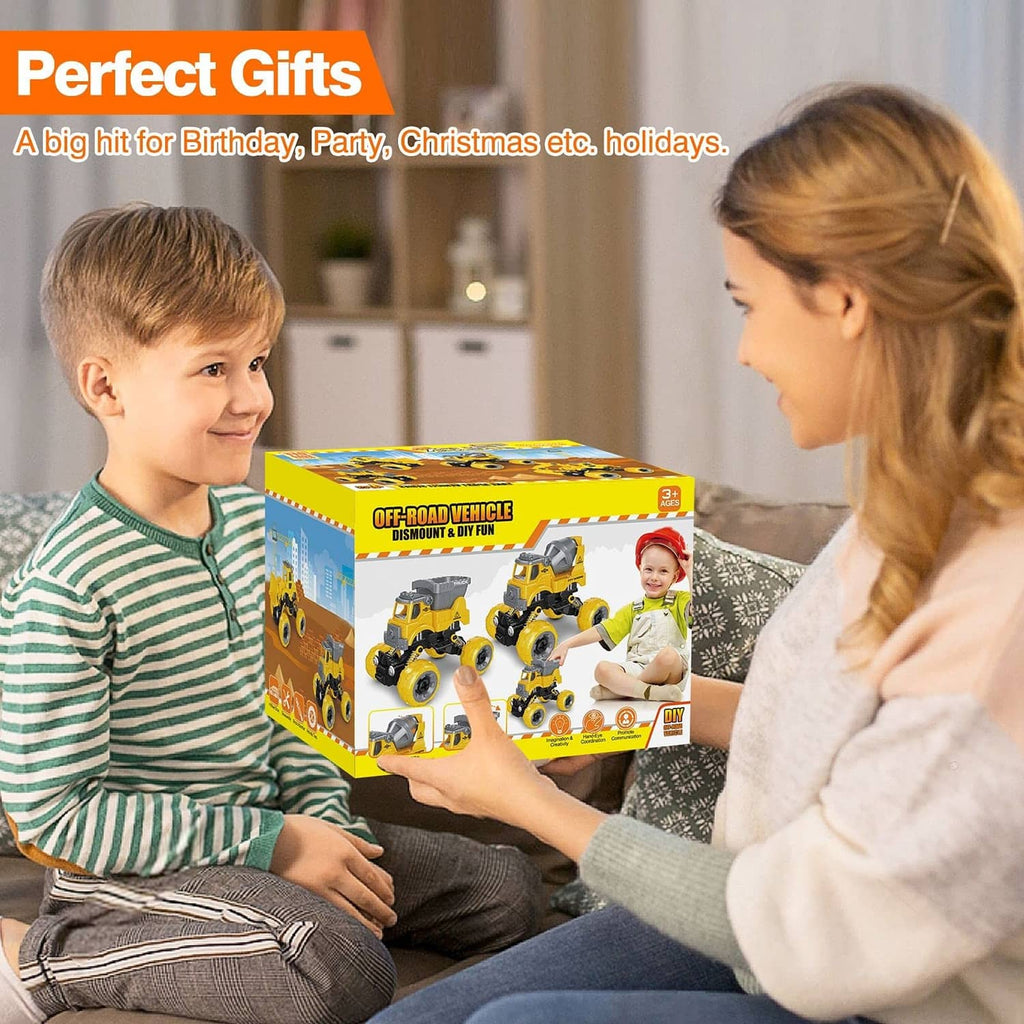 Retail box for take-apart construction vehicle toy set with four vehicles inside