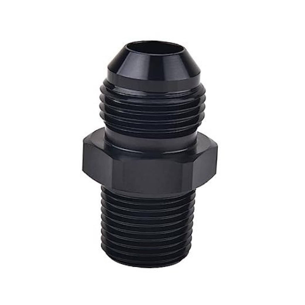 Black straight pipe adapter with male AN flare fitting and male NPT pipe thread